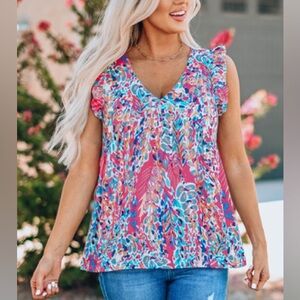 Sz M No Brand oversized floral blouse top ruffle cap shoulder sleeve loose fit